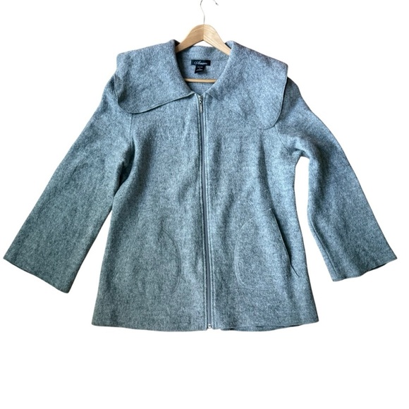 Amoxe 100% Wool Gray Coat L Timeless Peter Pan Collar Elegant Warm Outerwear - Picture 3 of 11